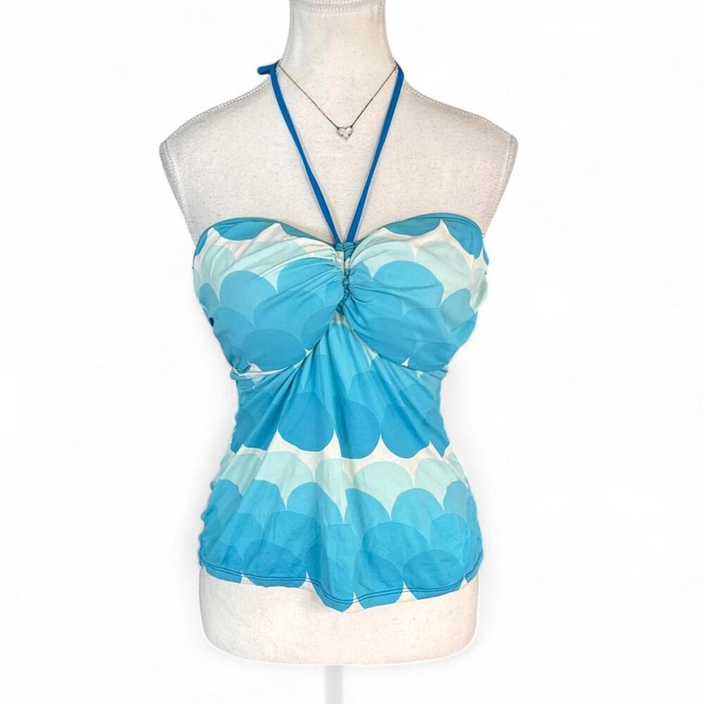 La Blanca Y2K polka dot blue white scalloped halter top padding size 12 Large